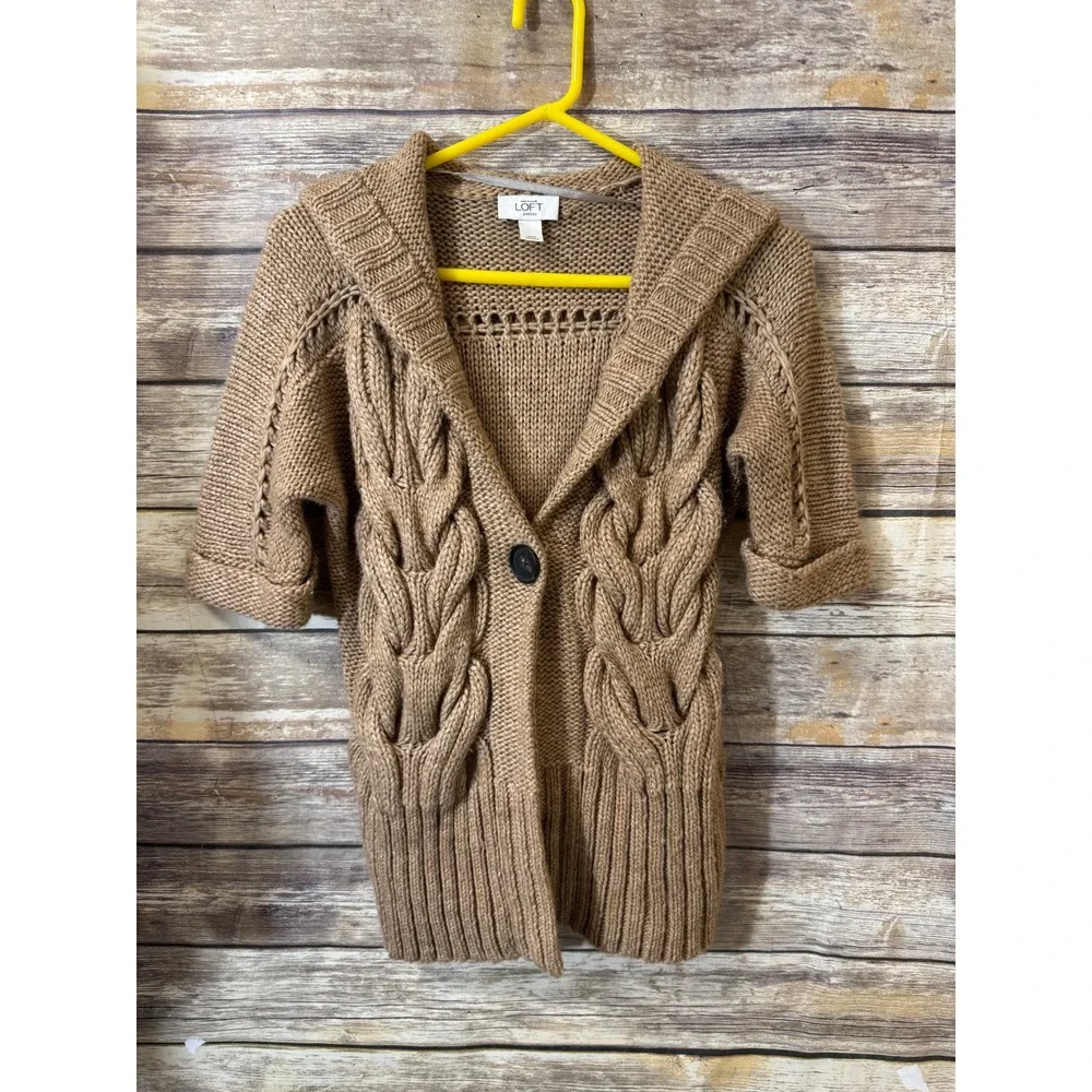 Ann Taylor Loft Hooded Cable Knit Cardigan Sweater Brown Wool Alpaca XSP Petites